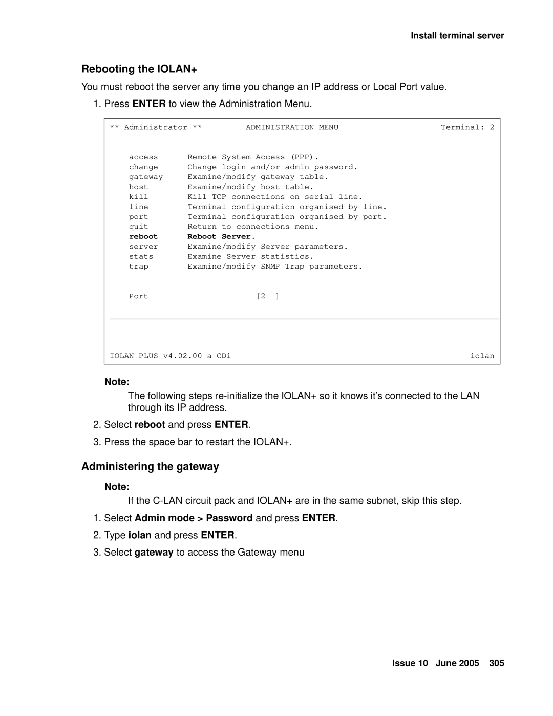 Avaya CMC1 manual Rebooting the IOLAN+, Administering the gateway 