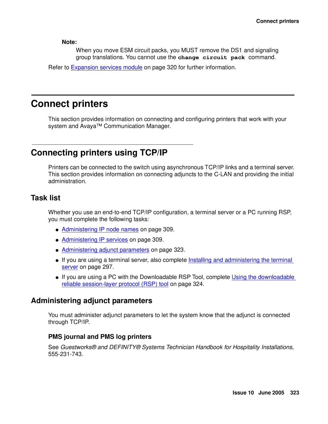 Avaya CMC1 manual Connect printers, Connecting printers using TCP/IP, Task list, Administering adjunct parameters 