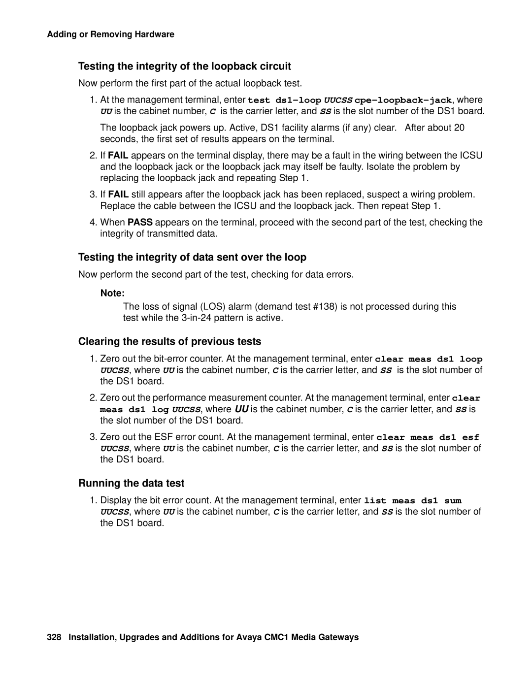 Avaya CMC1 manual Testing the integrity of the loopback circuit, Testing the integrity of data sent over the loop 