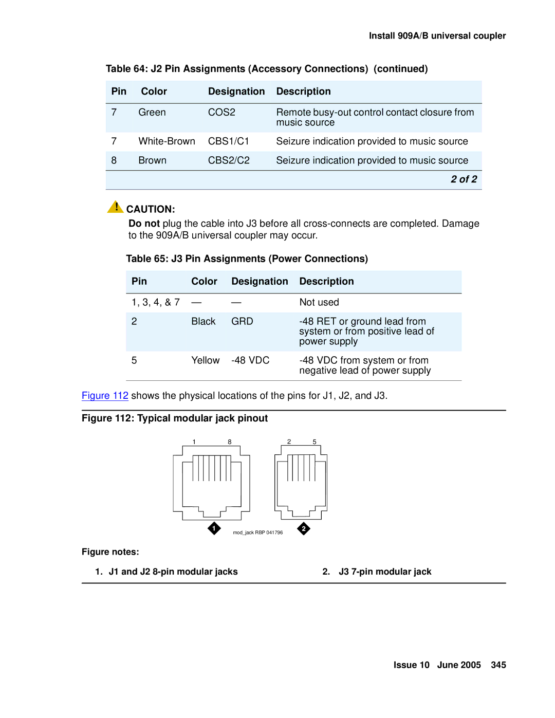 Avaya CMC1 manual Typical modular jack pinout 