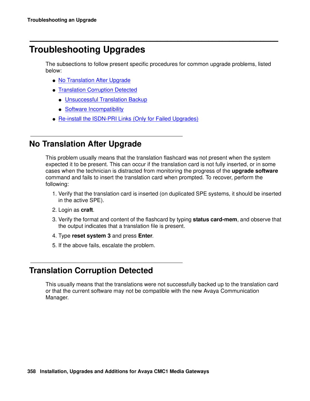 Avaya CMC1 manual Troubleshooting Upgrades, No Translation After Upgrade, Translation Corruption Detected 