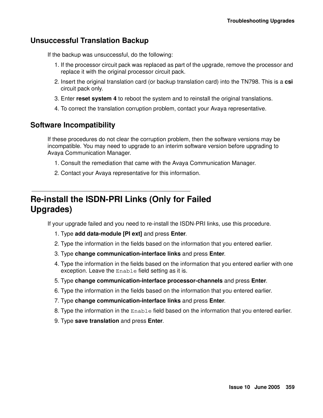 Avaya CMC1 manual Re-install the ISDN-PRI Links Only for Failed Upgrades, Unsuccessful Translation Backup 