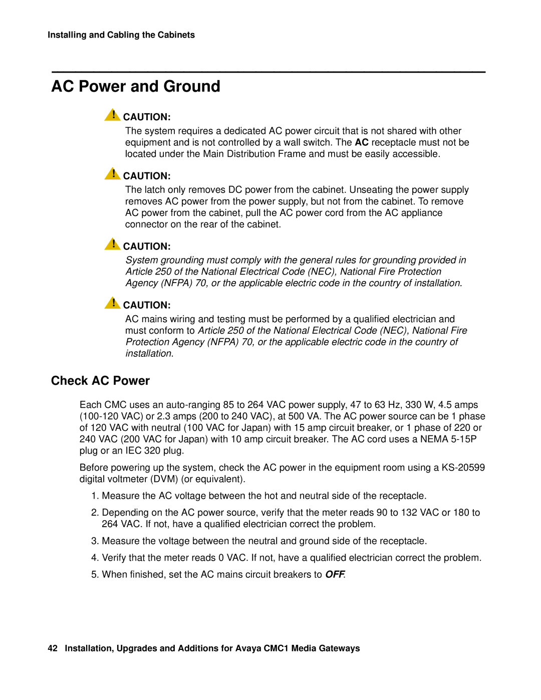 Avaya CMC1 manual AC Power and Ground, Check AC Power 