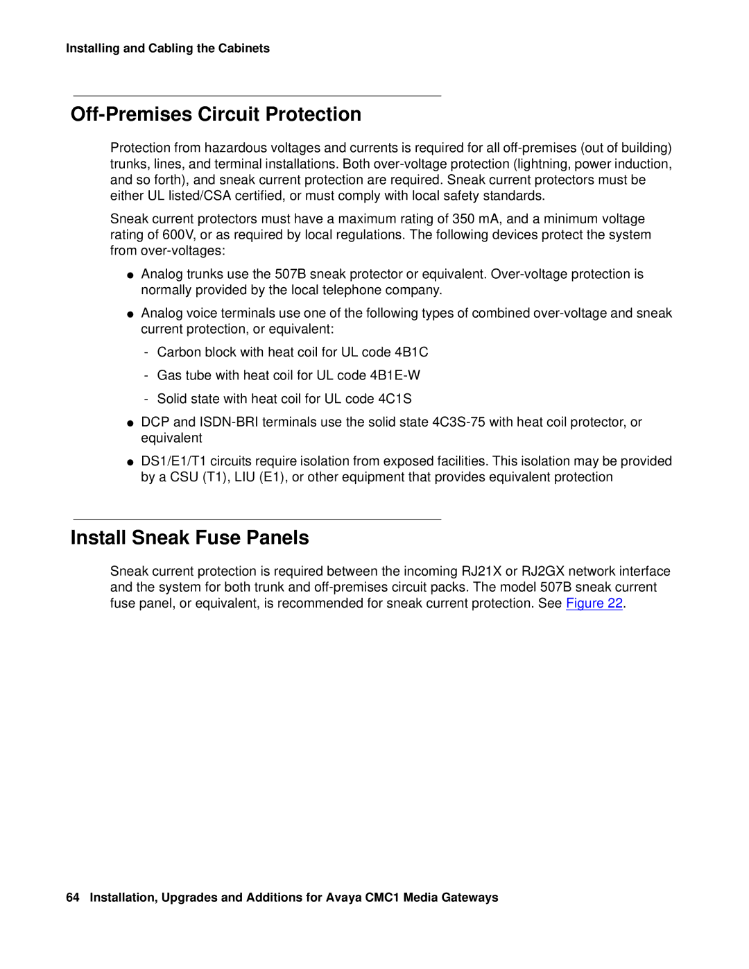 Avaya CMC1 manual Off-Premises Circuit Protection, Install Sneak Fuse Panels 