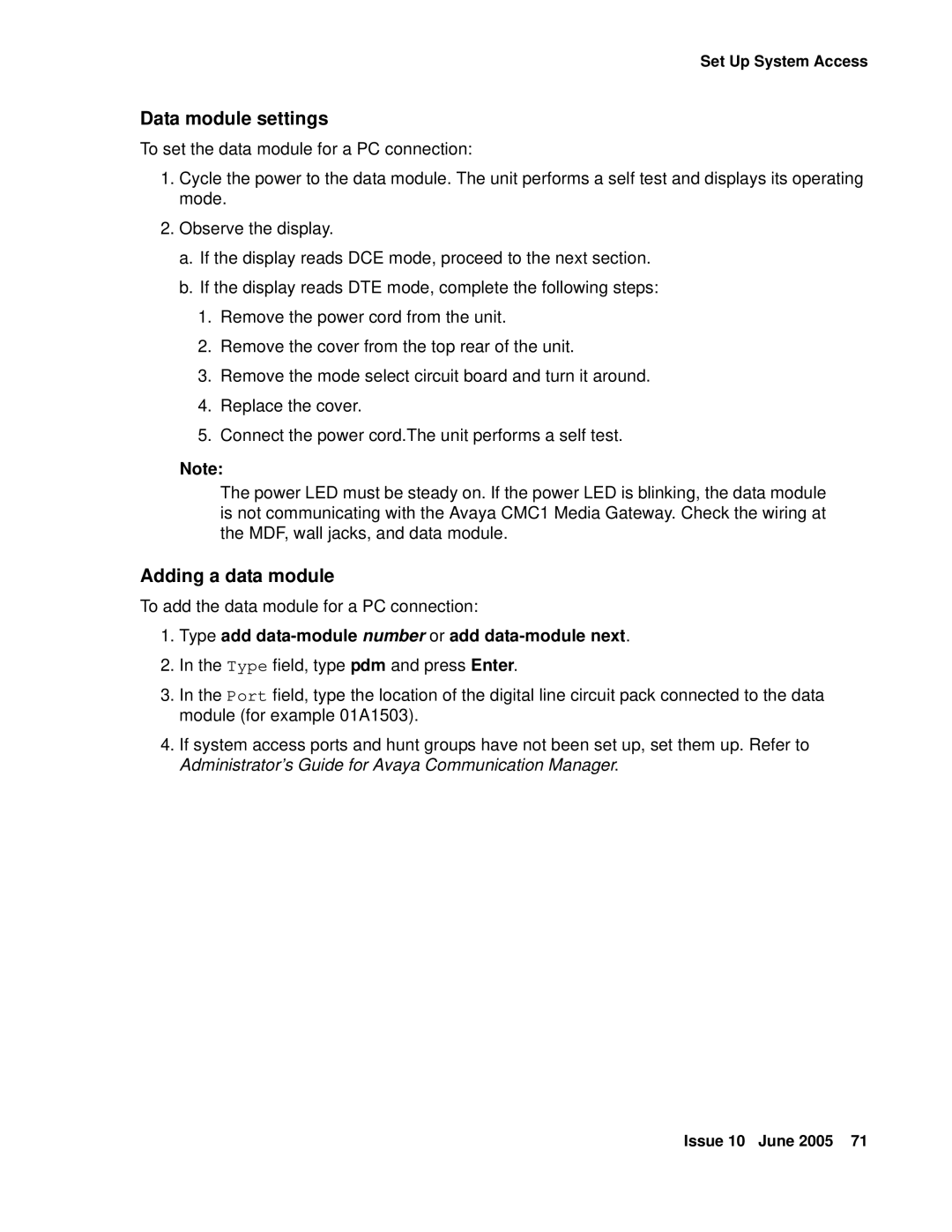 Avaya CMC1 manual Data module settings, Adding a data module, Type add data-module number or add data-module next 