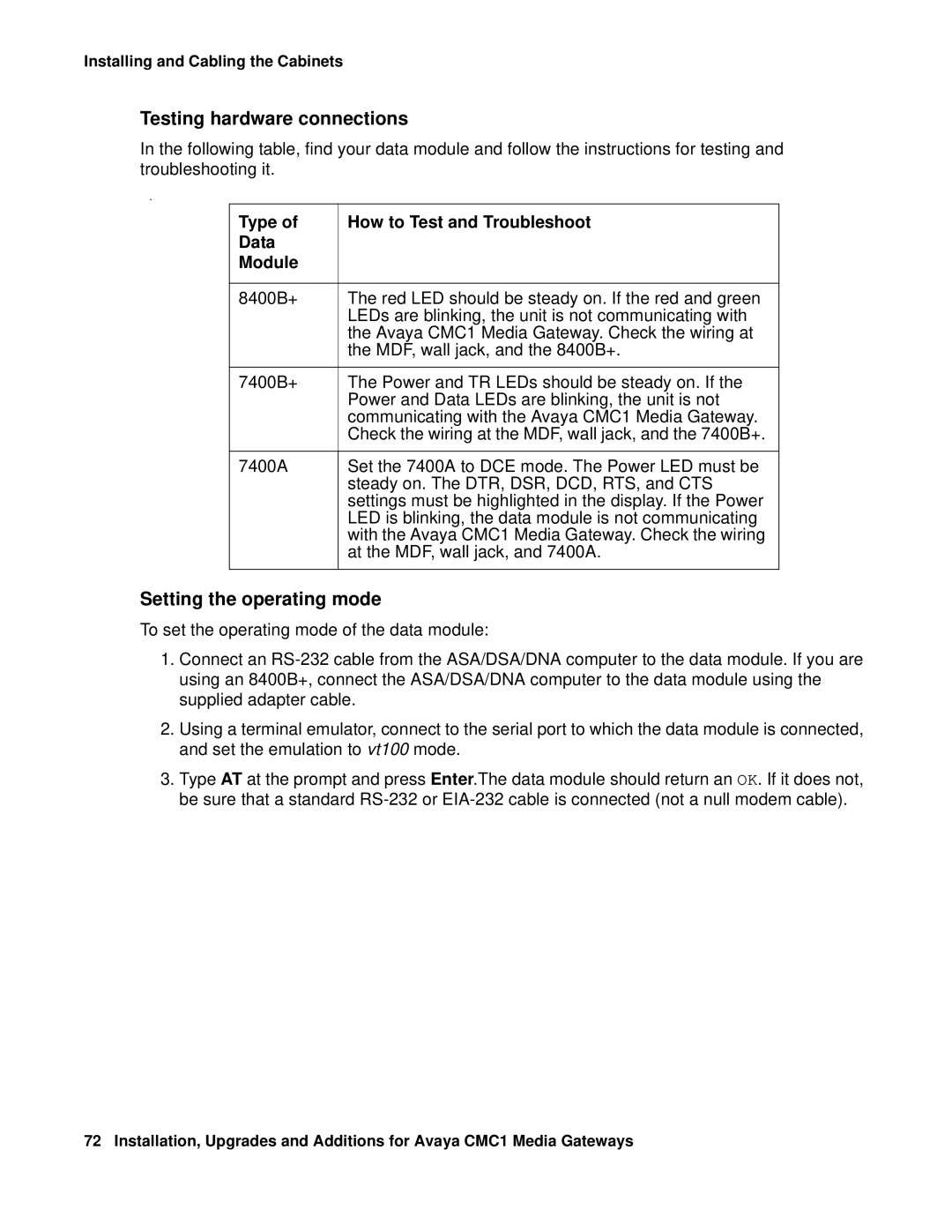 Avaya CMC1 manual Testing hardware connections, Setting the operating mode, Type How to Test and Troubleshoot Data Module 