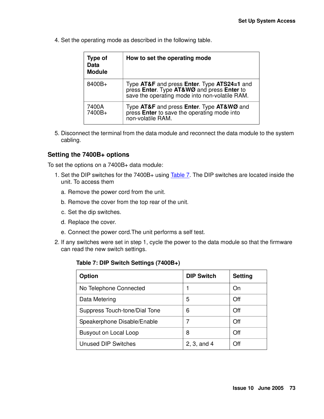 Avaya CMC1 Setting the 7400B+ options, Type How to set the operating mode Data Module, DIP Switch Settings 7400B+ Option 