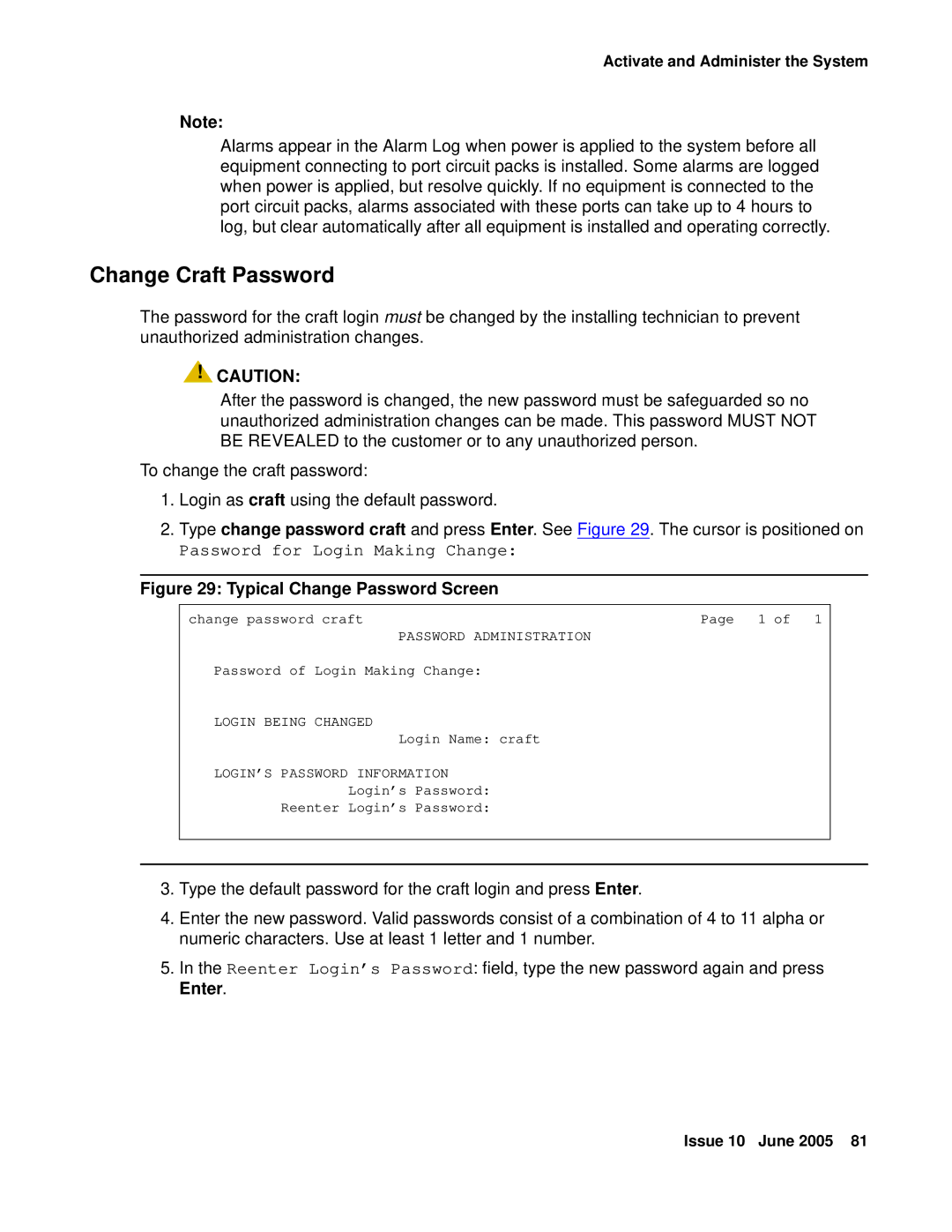 Avaya CMC1 manual Change Craft Password, Password Administration, Login Being Changed, LOGIN’S Password Information 