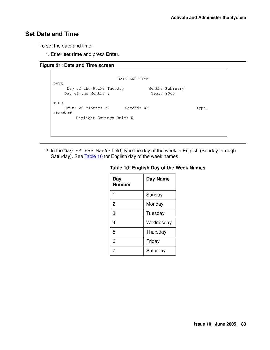 Avaya CMC1 manual Set Date and Time, English Day of the Week Names Day Name Number 