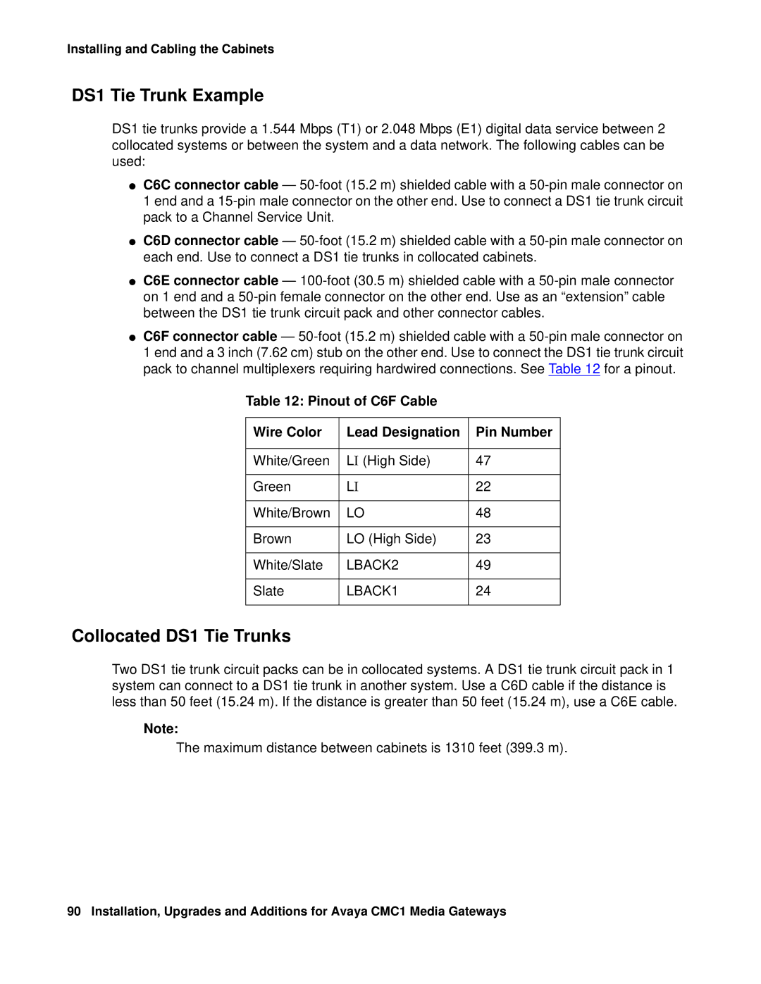 Avaya CMC1 DS1 Tie Trunk Example, Collocated DS1 Tie Trunks, Pinout of C6F Cable Wire Color Lead Designation Pin Number 