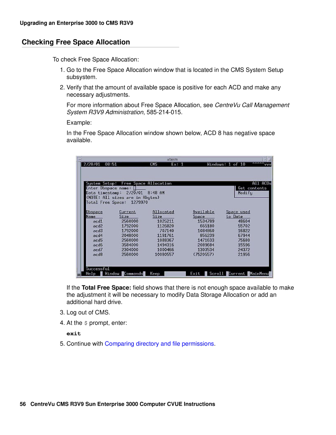 Avaya Comcode 700220627 manual Checking Free Space Allocation 