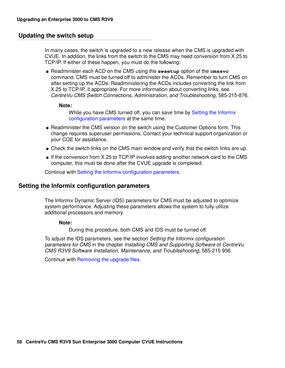 Avaya Comcode 700220627 manual Updating the switch setup, Setting the Informix configuration parameters 