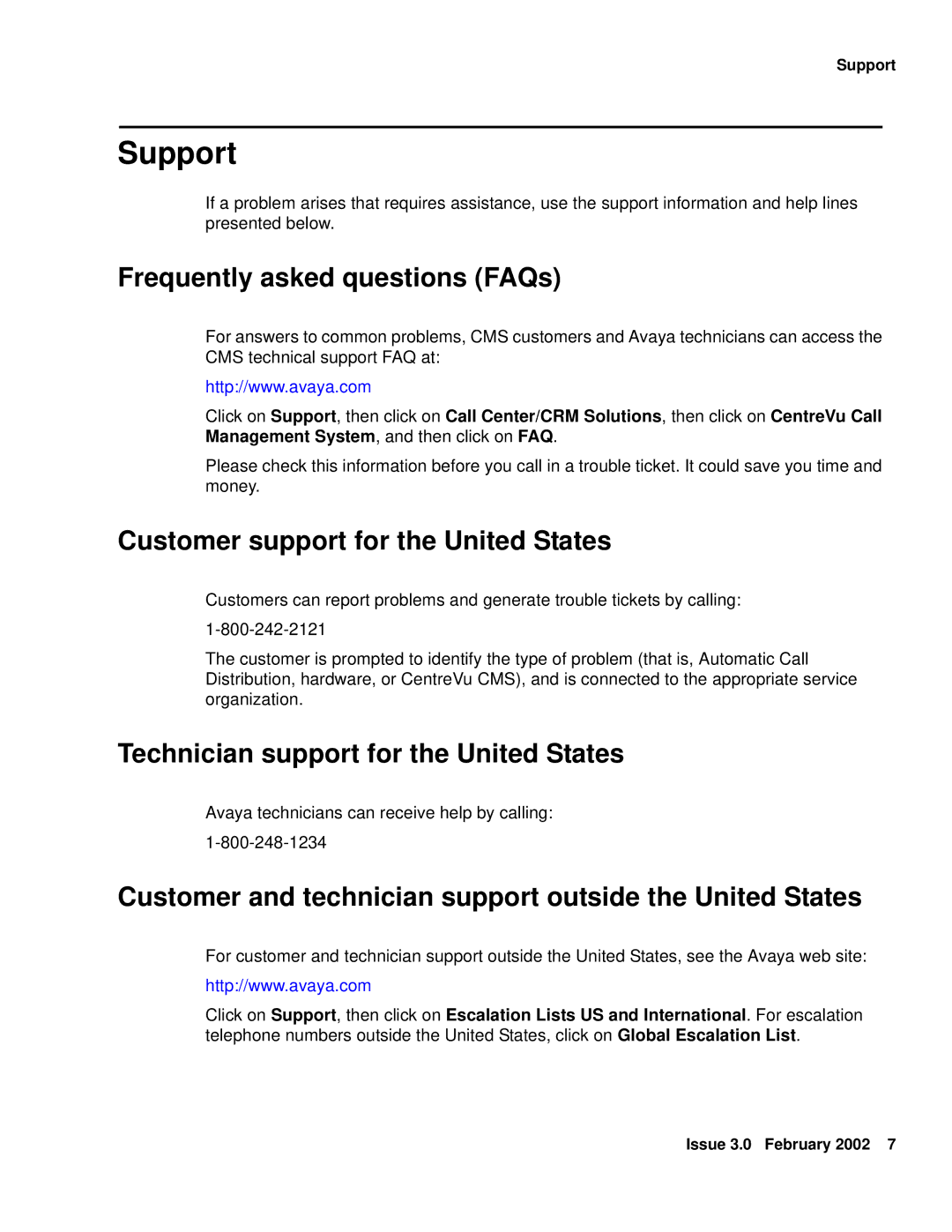 Avaya Comcode 700220627 manual Frequently asked questions FAQs, Customer support for the United States 