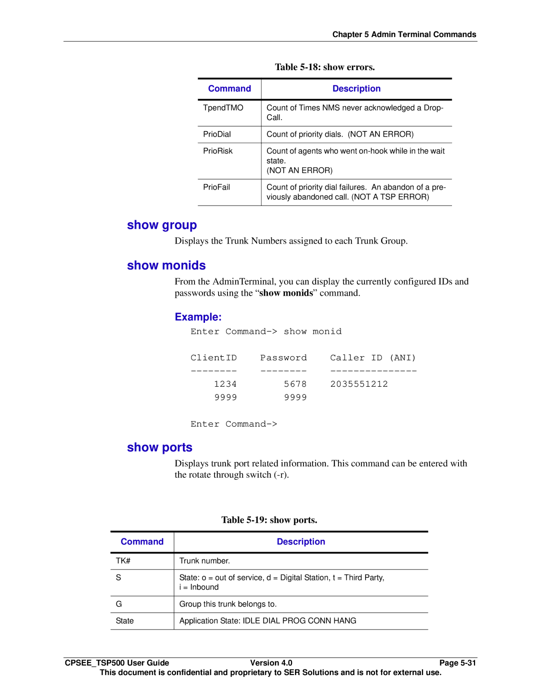 Avaya CPSEE_TSP500 manual Show group, Show monids, Show ports, Displays the Trunk Numbers assigned to each Trunk Group 