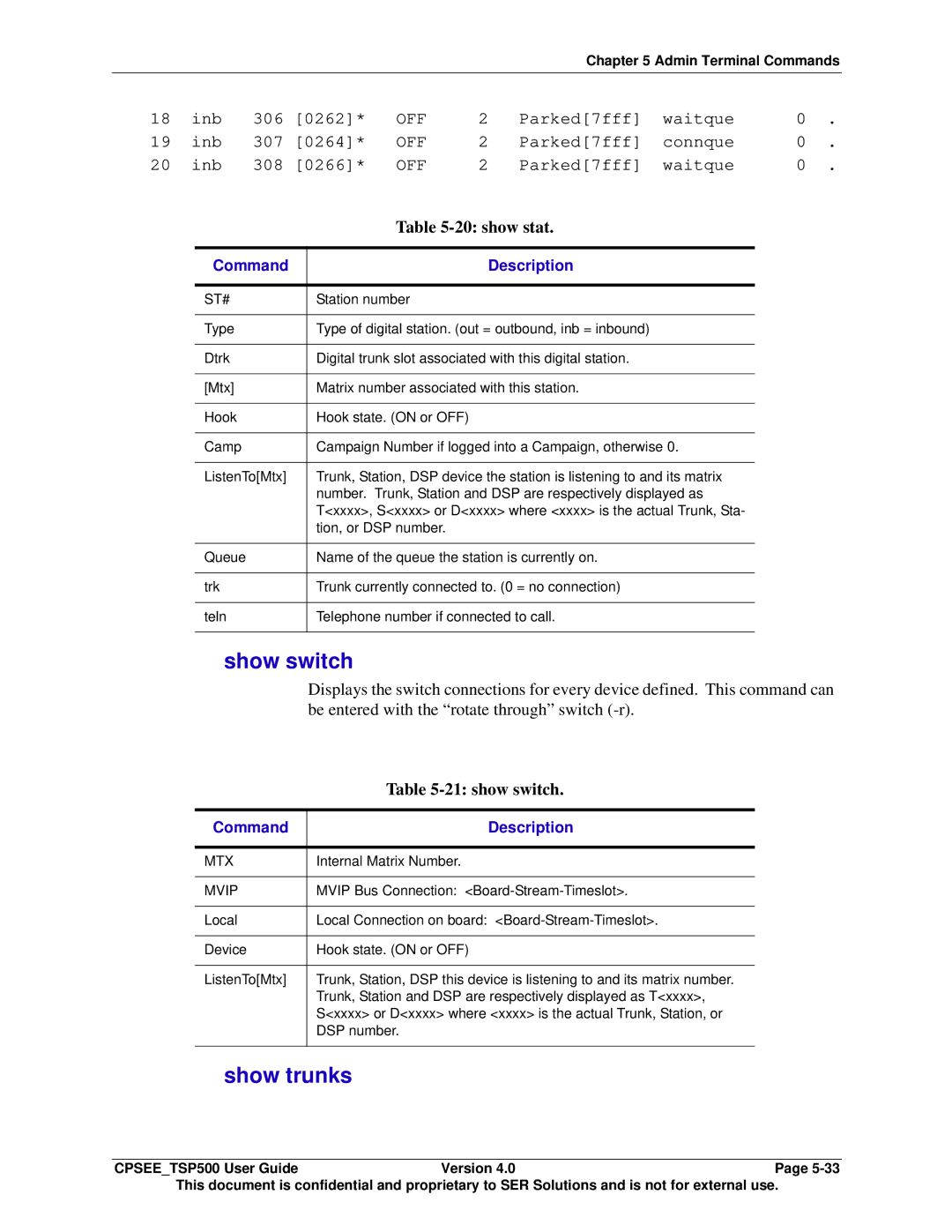 Avaya CPSEE_TSP500 manual Show switch, Show trunks, show stat, show switch 