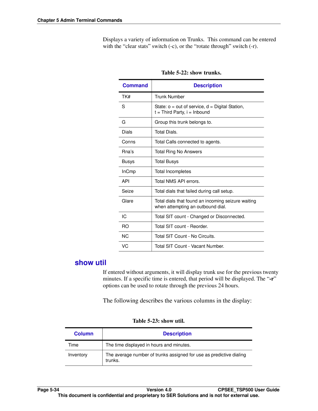 Avaya CPSEE_TSP500 manual Show util, show trunks, Options can be used to rotate through the previous 24 hours, show util 