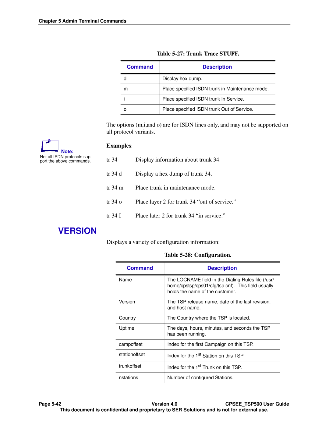 Avaya CPSEE_TSP500 manual Version, Trunk Trace Stuff, Displays a variety of configuration information, Configuration 