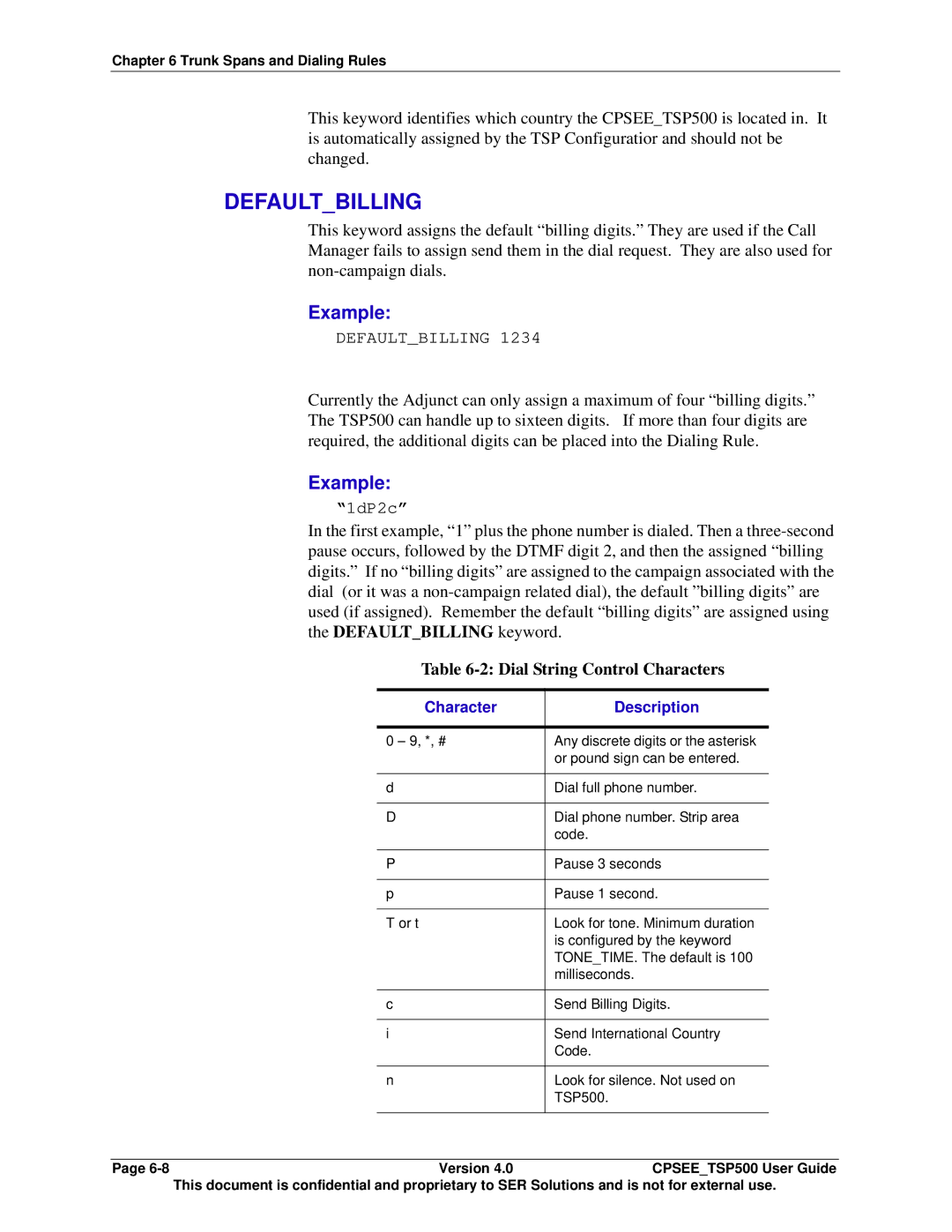 Avaya CPSEE_TSP500 manual Defaultbilling keyword, Dial String Control Characters, Character Description 