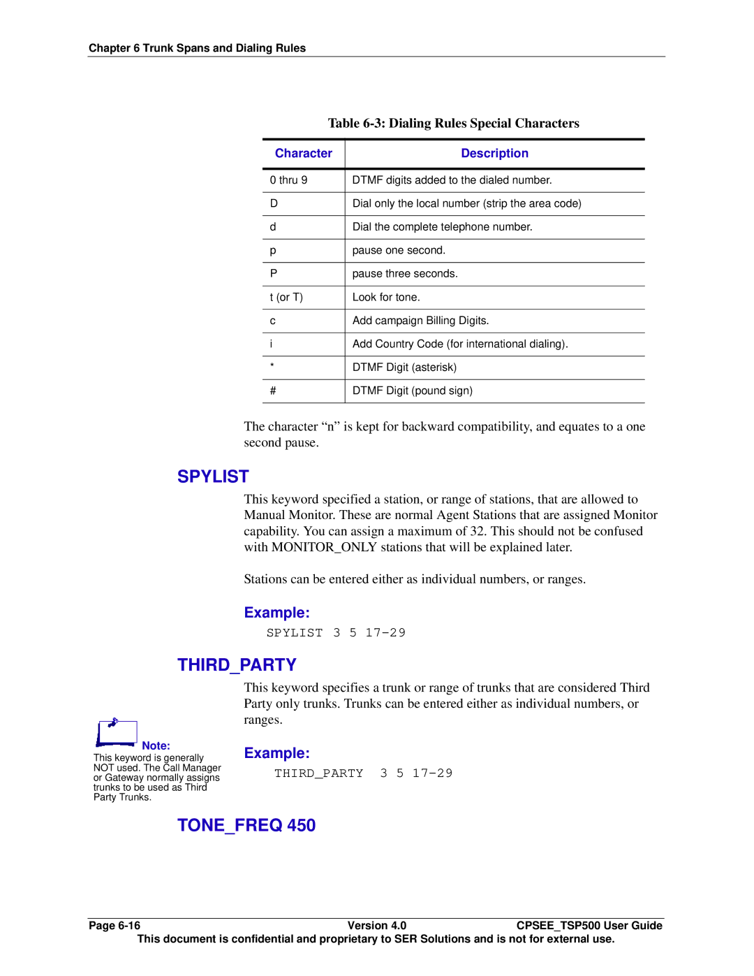 Avaya CPSEE_TSP500 manual Spylist, Thirdparty, Tonefreq, Dialing Rules Special Characters 