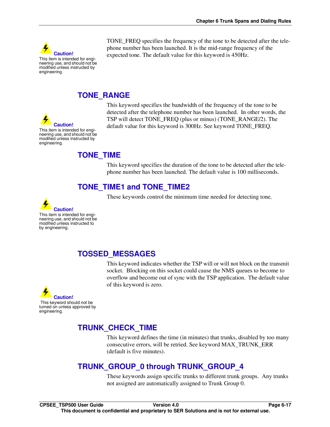 Avaya CPSEE_TSP500 manual Tonerange, Tonetime, Tossedmessages, Trunkchecktime 