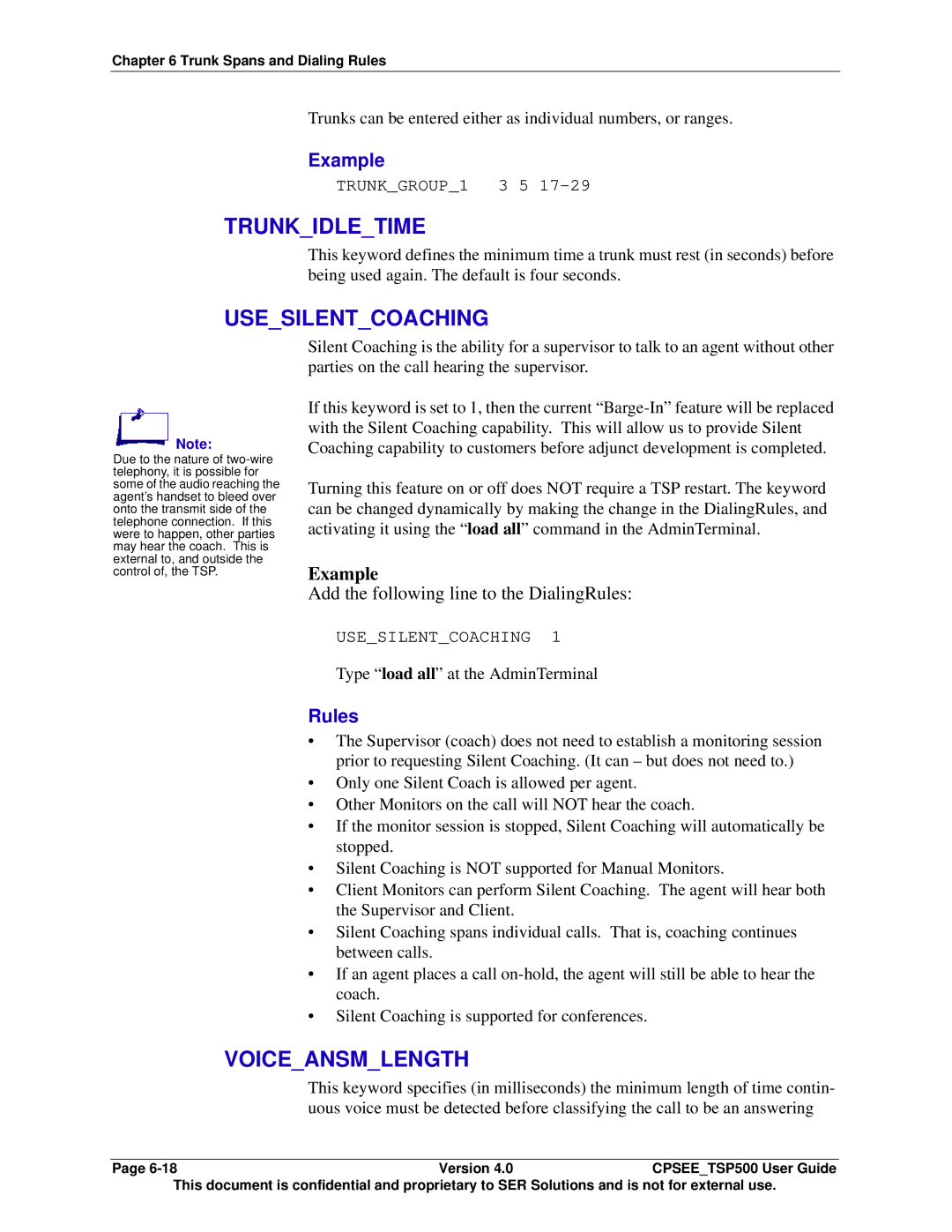 Avaya CPSEE_TSP500 manual Trunkidletime, Usesilentcoaching, Voiceansmlength 