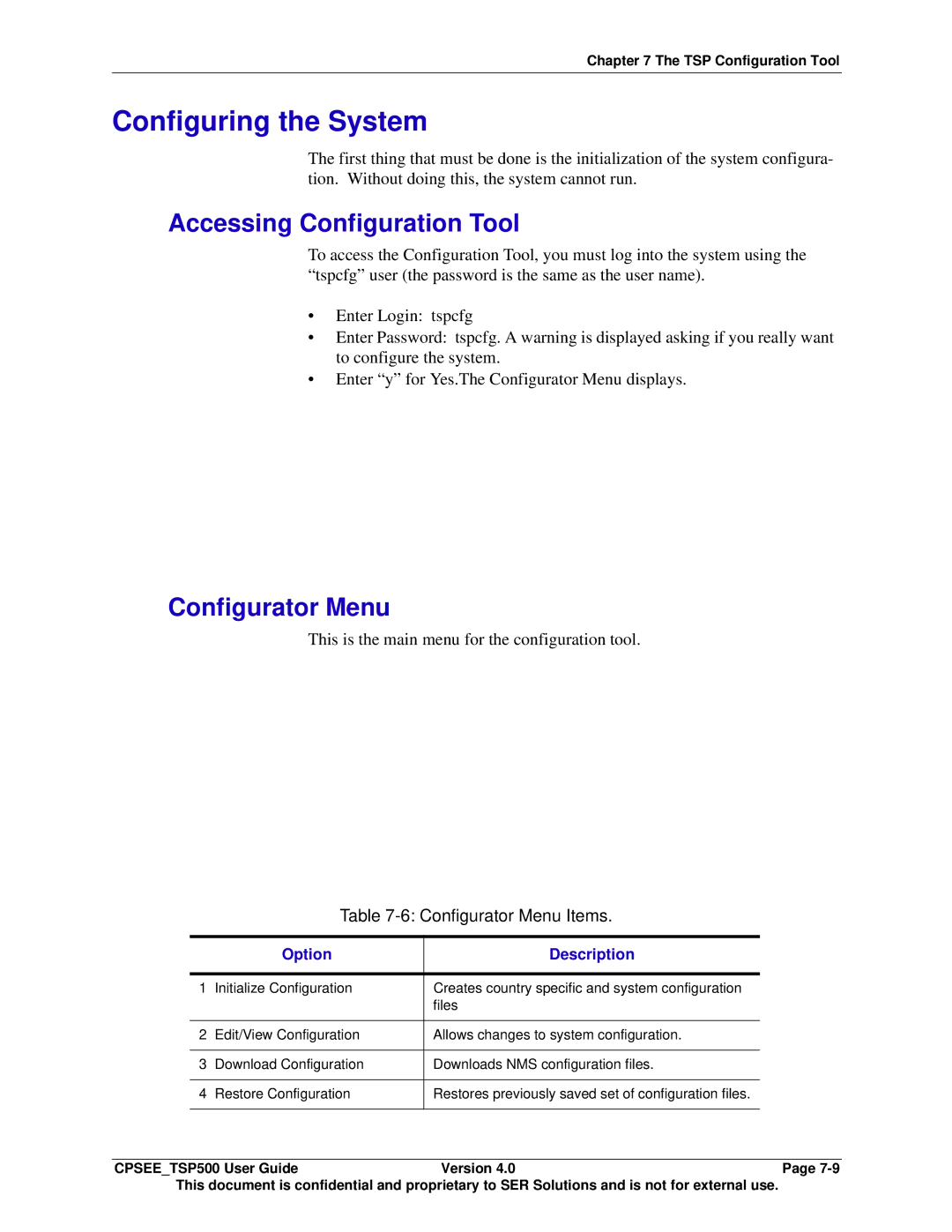 Avaya CPSEE_TSP500 manual Configuring the System, Accessing Configuration Tool, Configurator Menu Items 