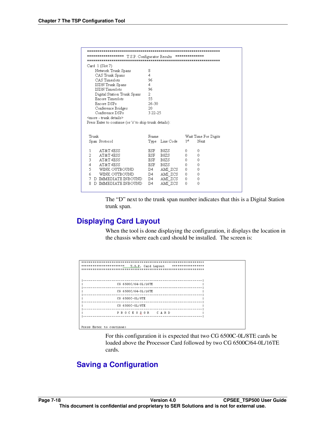 Avaya CPSEE_TSP500 manual Displaying Card Layout, Saving a Configuration 