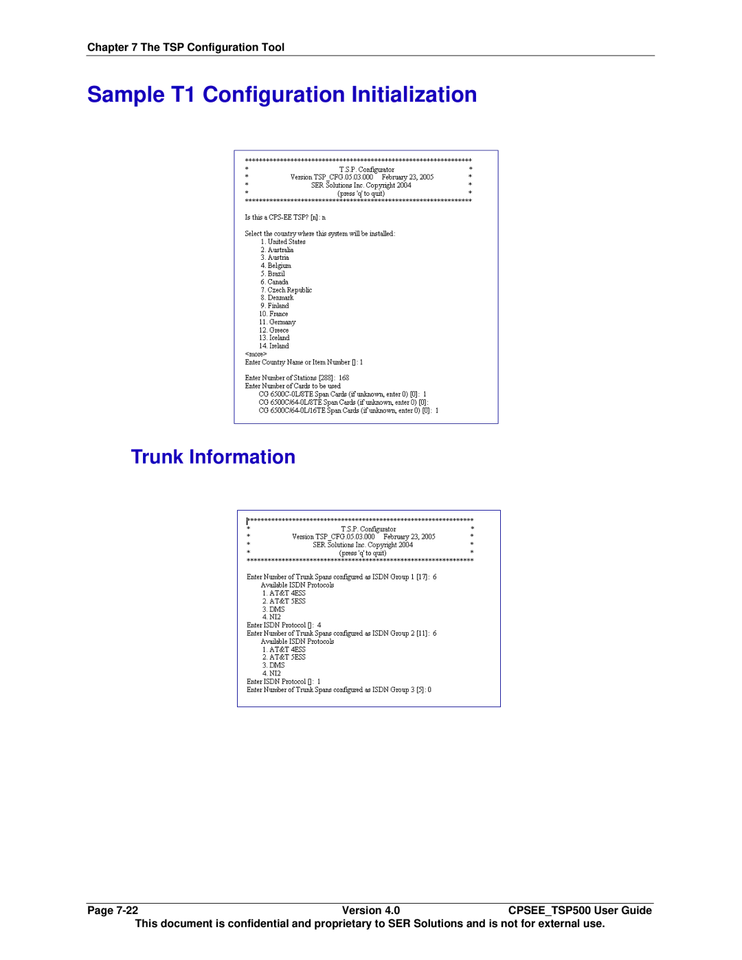 Avaya CPSEE_TSP500 manual Sample T1 Configuration Initialization, Trunk Information 