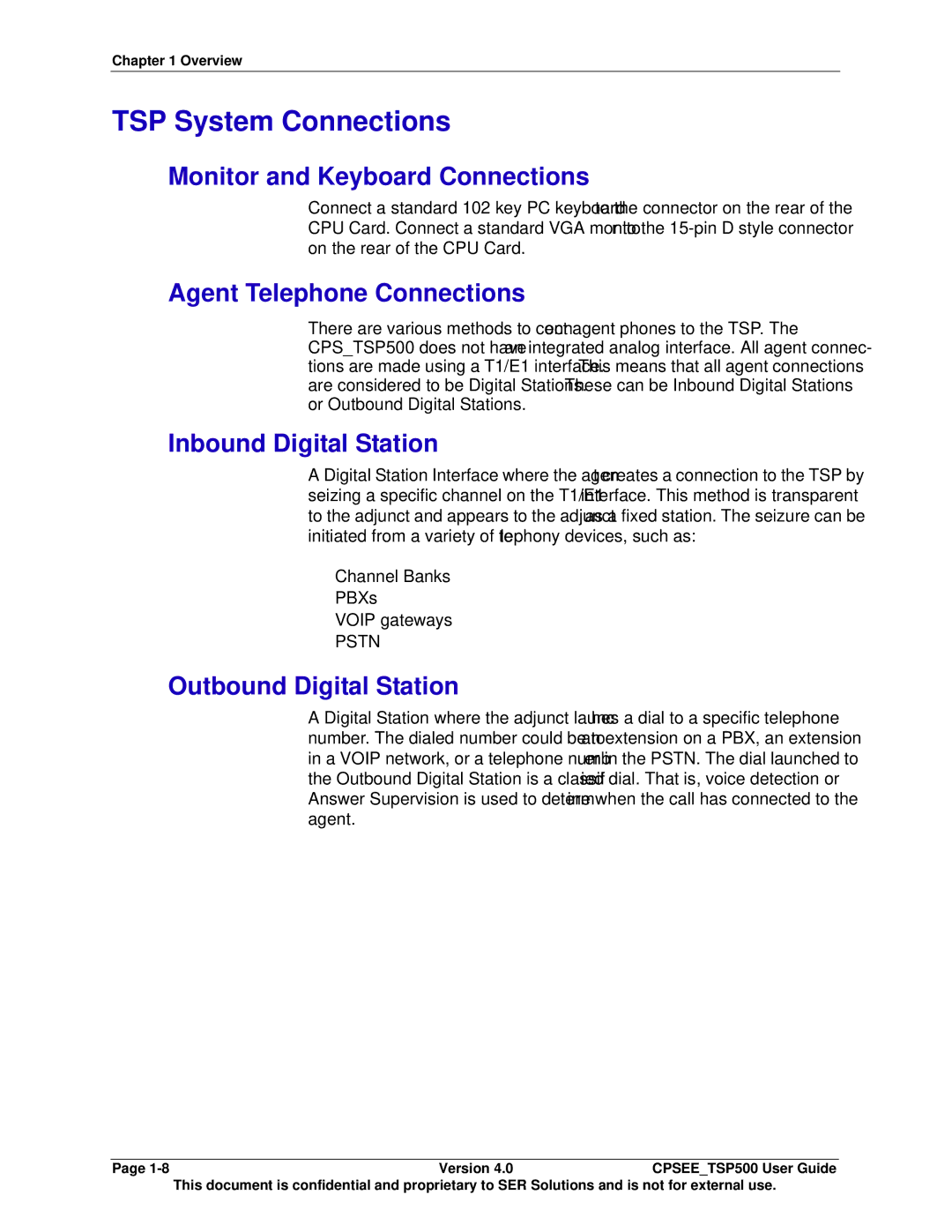 Avaya CPSEE_TSP500 manual TSP System Connections, Monitor and Keyboard Connections, Agent Telephone Connections 