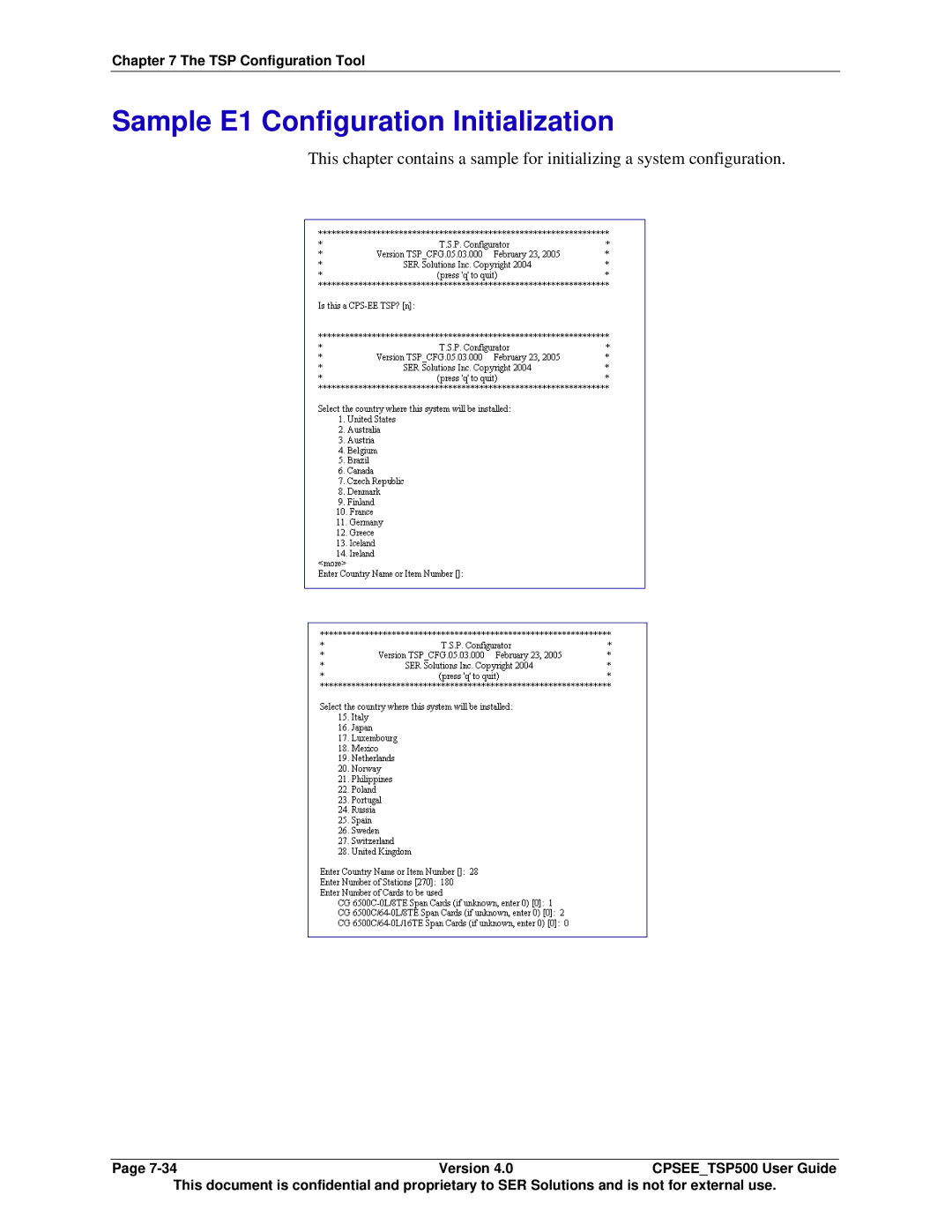 Avaya CPSEE_TSP500 manual Sample E1 Configuration Initialization 