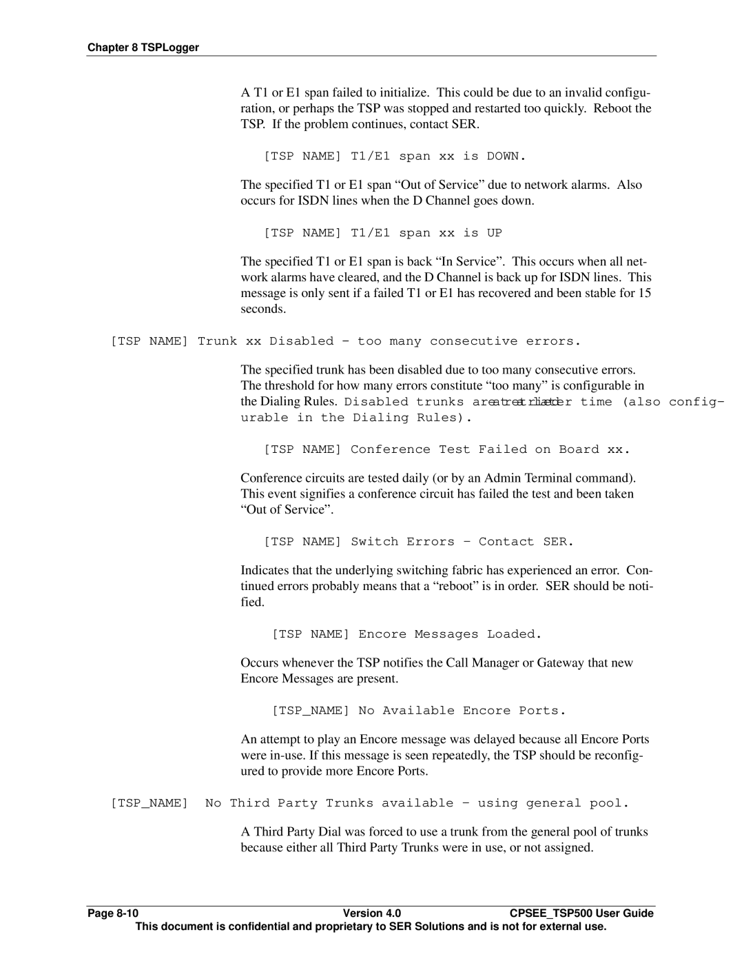 Avaya CPSEE_TSP500 manual TSP Name T1/E1 span xx is Down 