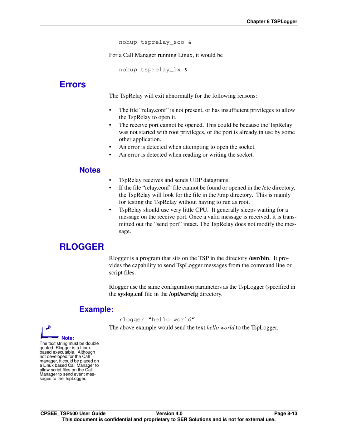 Avaya CPSEE_TSP500 manual Errors, Rlogger, For a Call Manager running Linux, it would be 