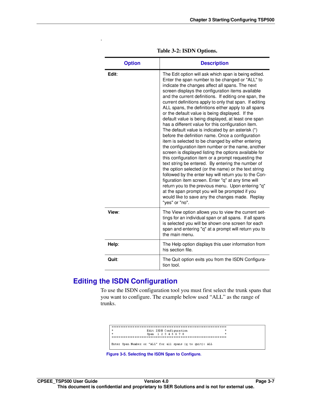 Avaya CPSEE_TSP500 manual Editing the Isdn Configuration, Isdn Options, Option Description 