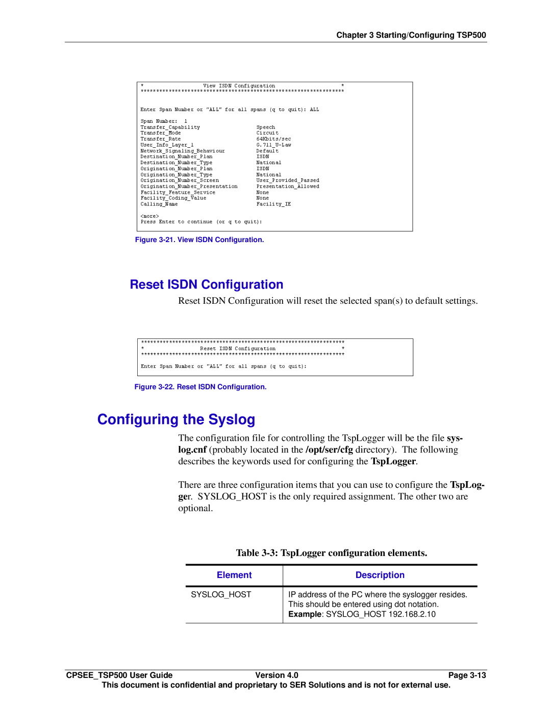 Avaya CPSEE_TSP500 Configuring the Syslog, Reset Isdn Configuration, TspLogger configuration elements, Element Description 