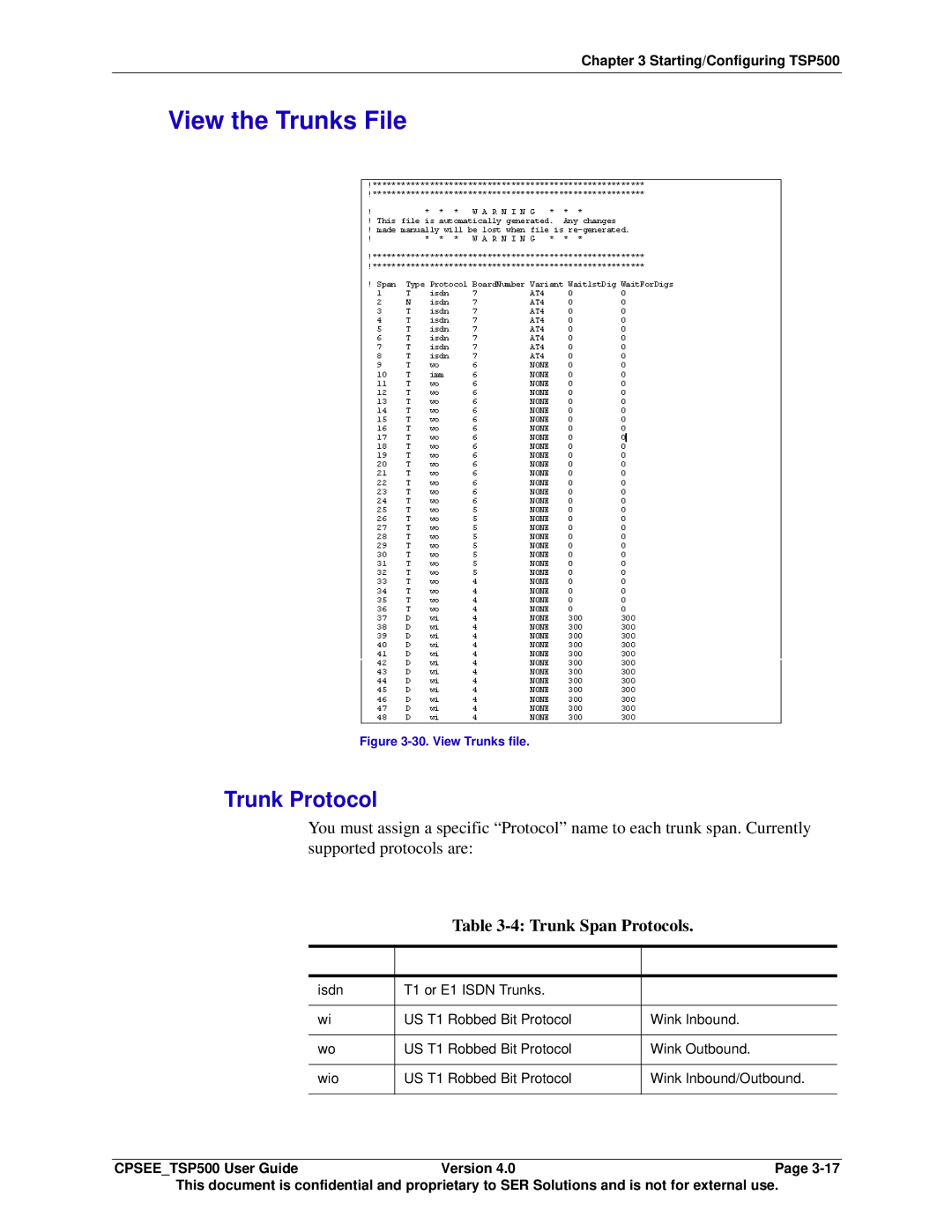 Avaya CPSEE_TSP500 manual View the Trunks File, Trunk Protocol, Trunk Span Protocols 