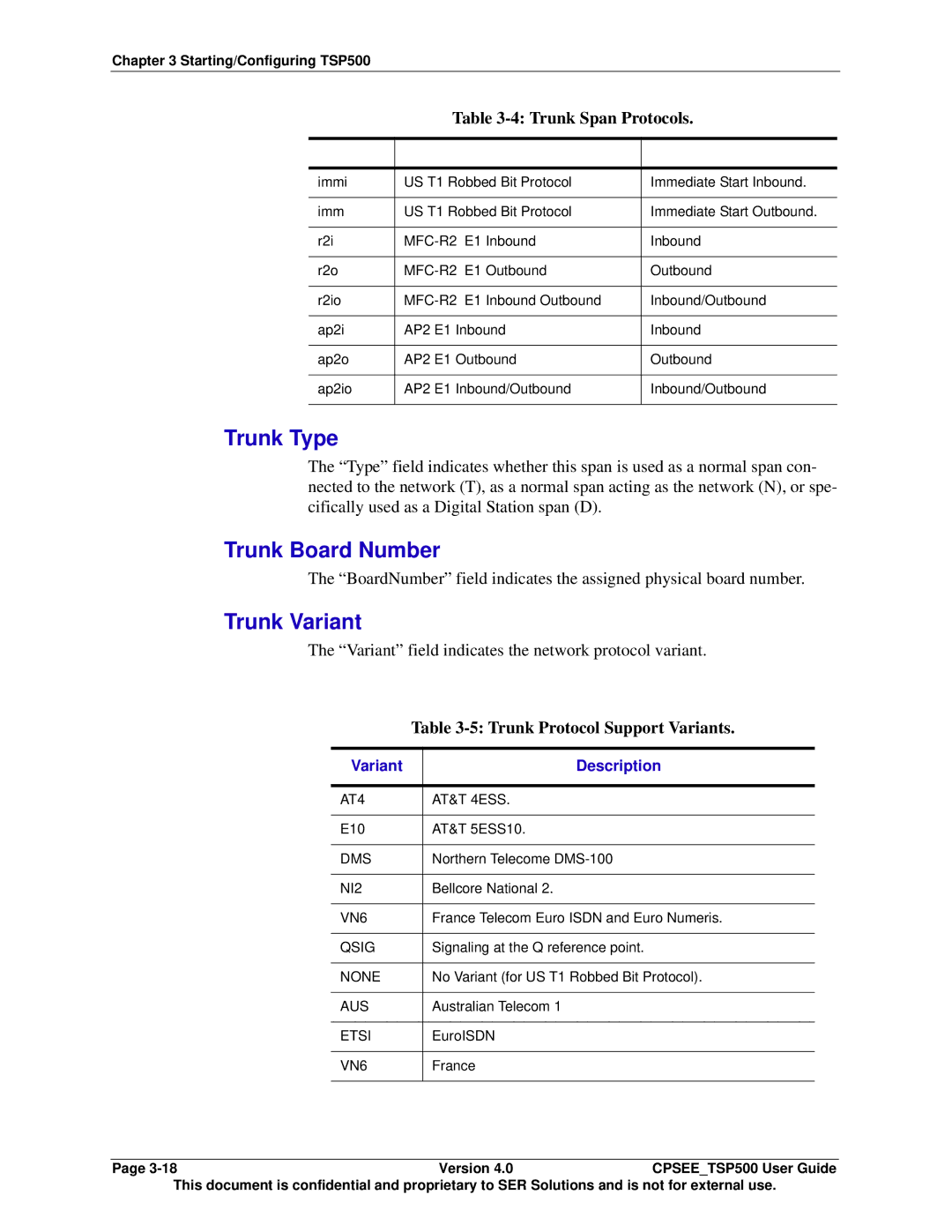 Avaya CPSEE_TSP500 Trunk Type, Trunk Board Number, Trunk Variant, Variant field indicates the network protocol variant 