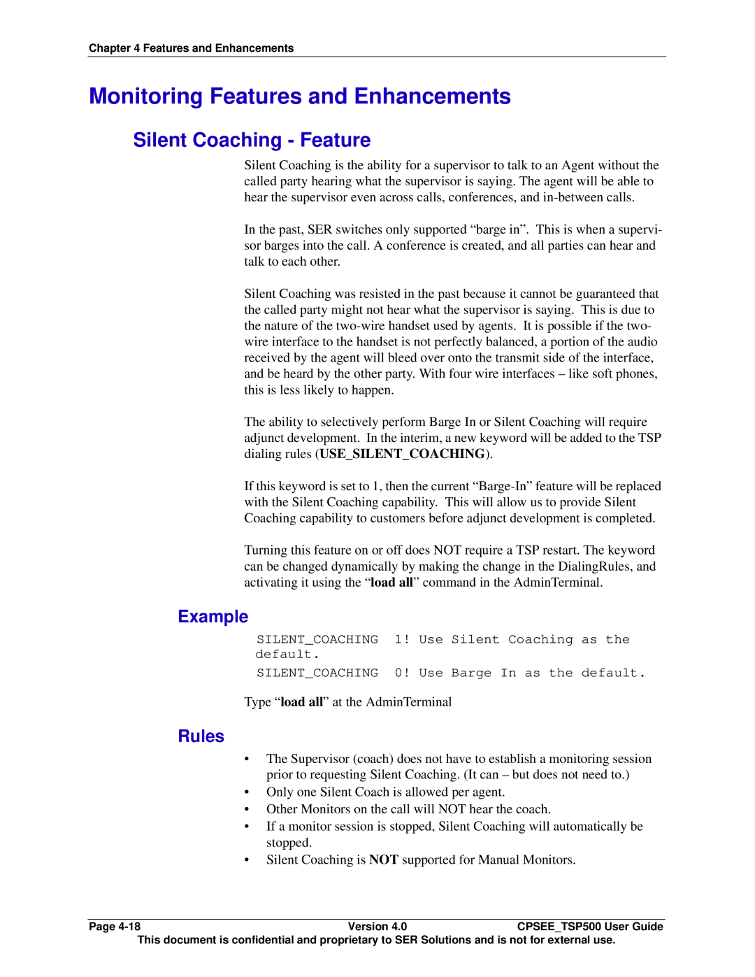 Avaya CPSEE_TSP500 manual Monitoring Features and Enhancements, Silent Coaching Feature, Rules 