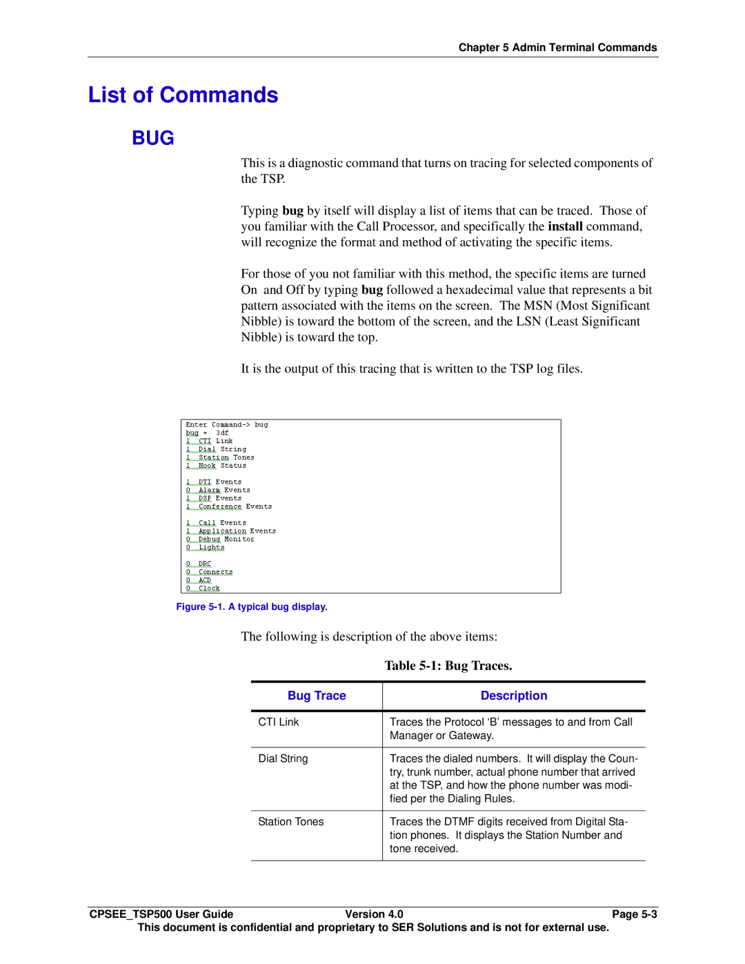 Avaya CPSEE_TSP500 List of Commands, Following is description of the above items, Bug Traces, Bug Trace Description 