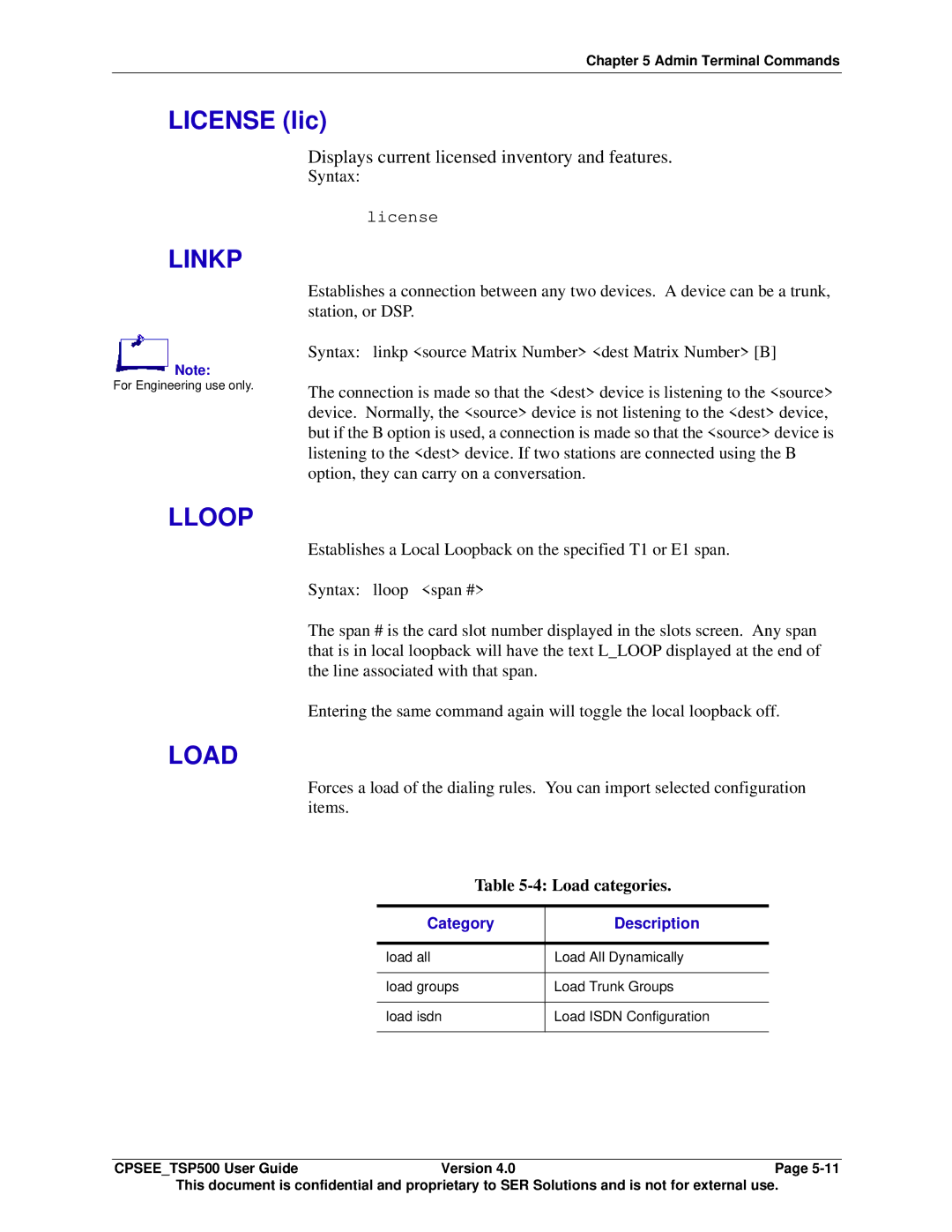 Avaya CPSEE_TSP500 manual License lic, Linkp, Lloop, Load categories 