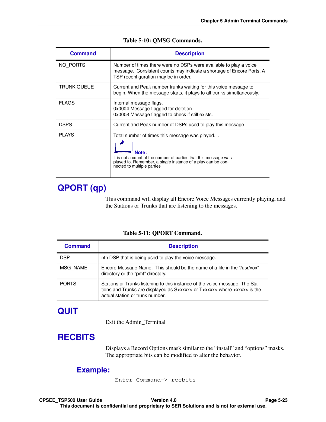 Avaya CPSEE_TSP500 manual Qport qp, Quit, Recbits, Qport Command, Exit the AdminTerminal 