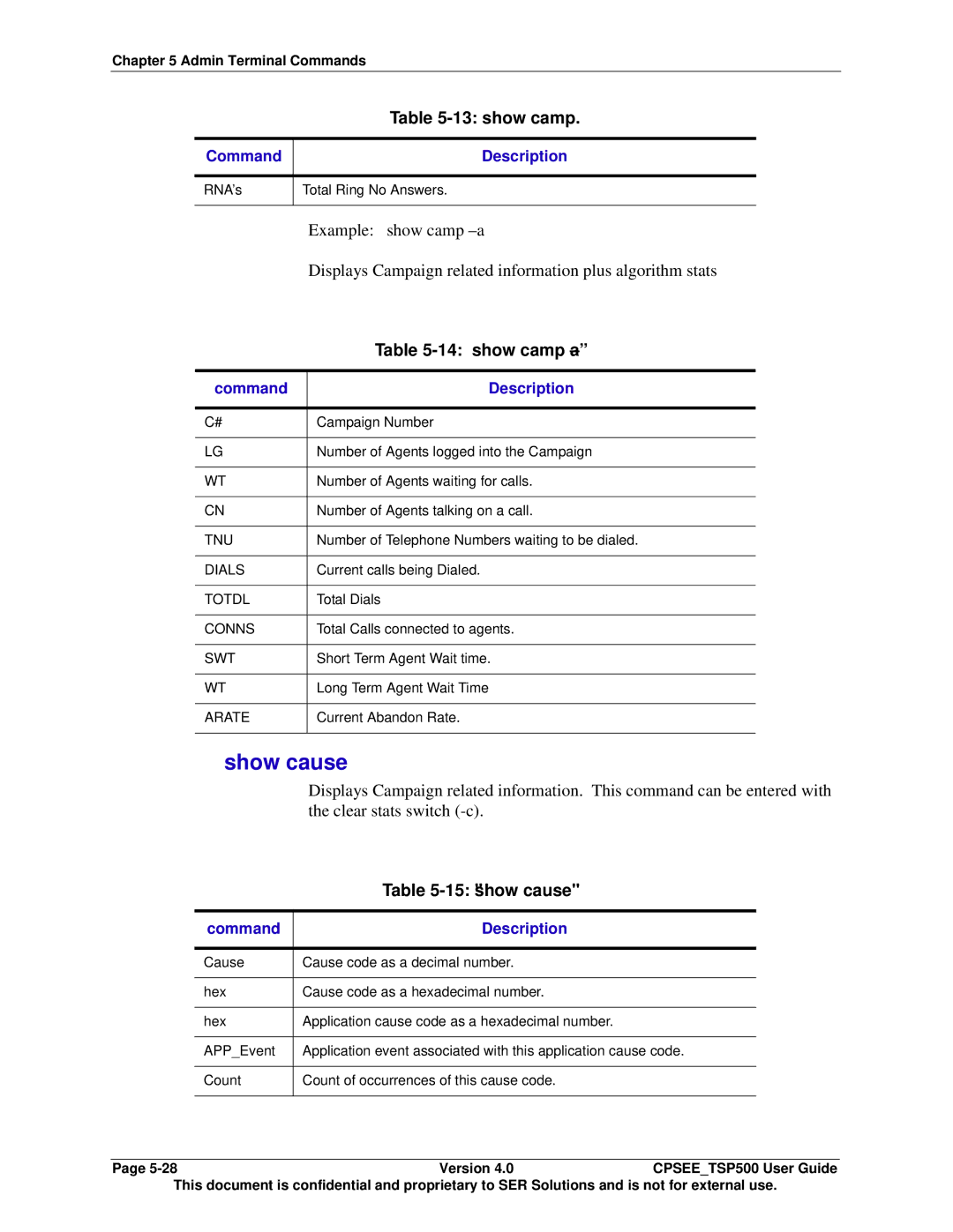 Avaya CPSEE_TSP500 manual Show cause, Example show camp -a, Displays Campaign related information plus algorithm stats 