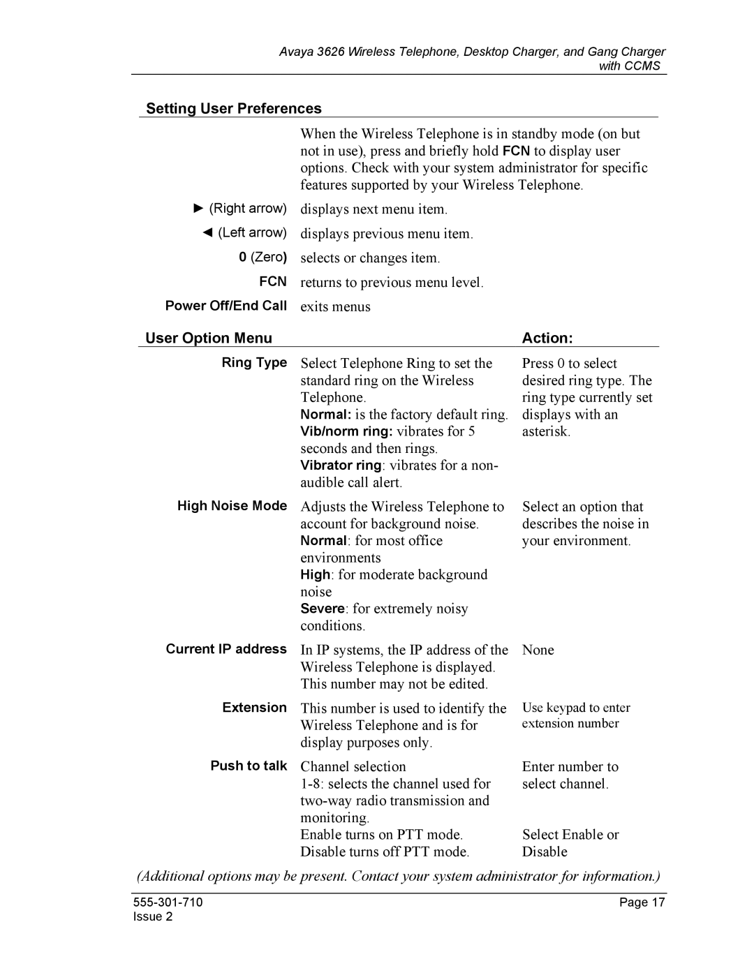 Avaya 3626, Desktop Charger manual Setting User Preferences, User Option Menu Action 