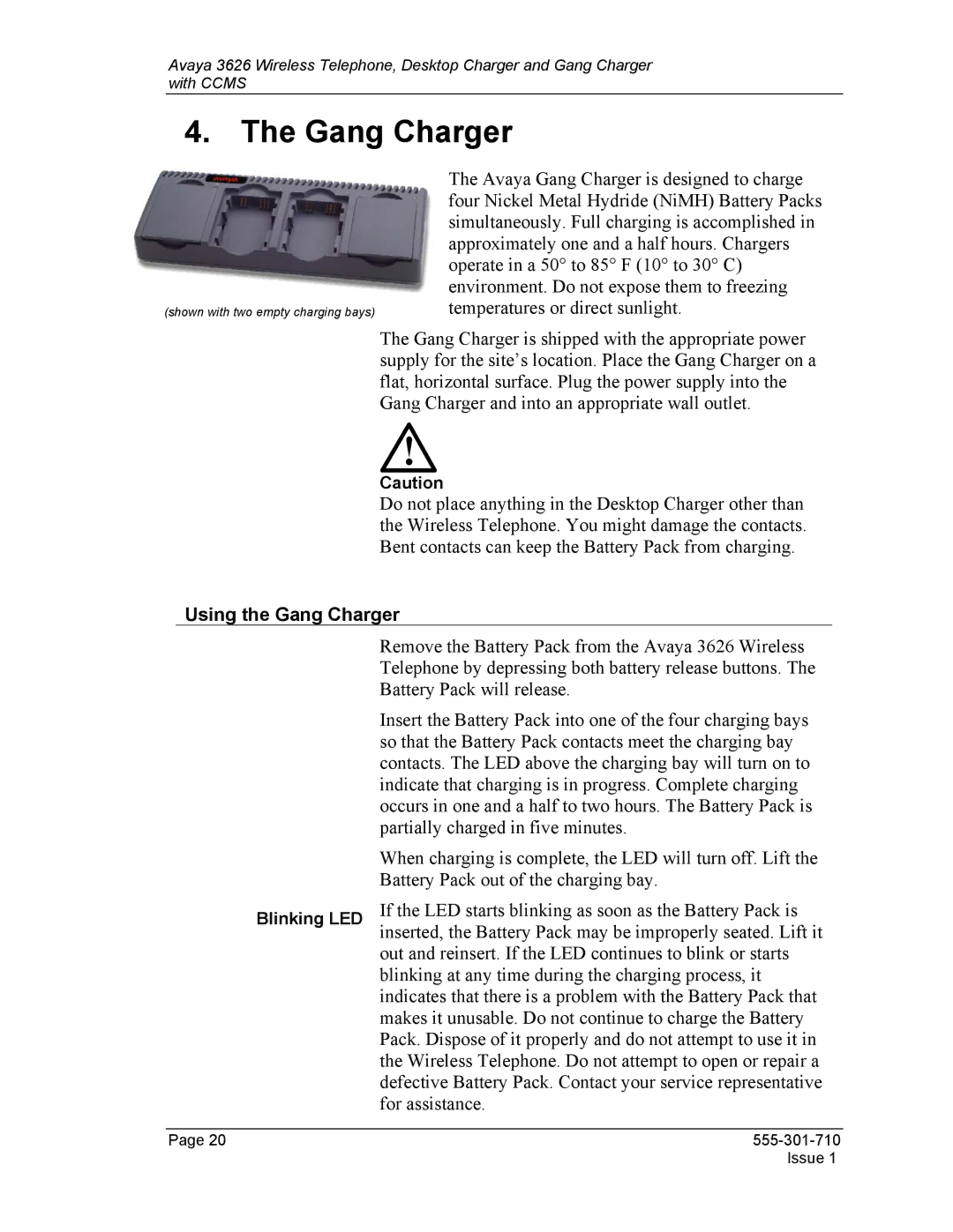 Avaya Desktop Charger, 3626 manual Using the Gang Charger 