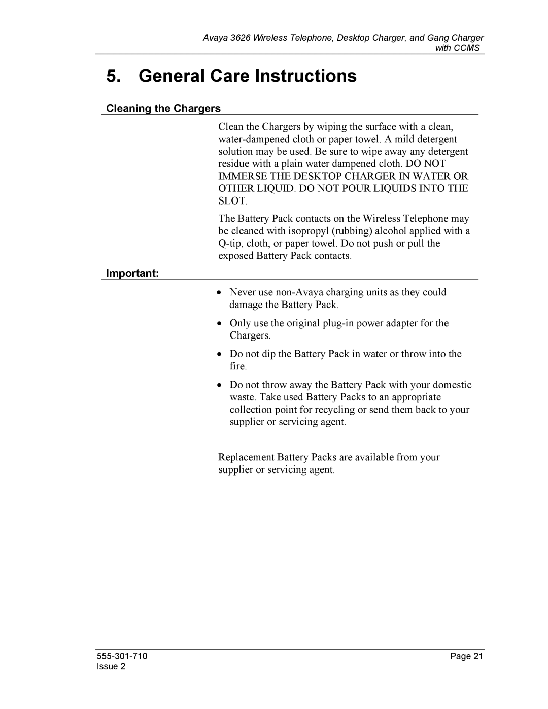 Avaya 3626, Desktop Charger manual General Care Instructions, Cleaning the Chargers 