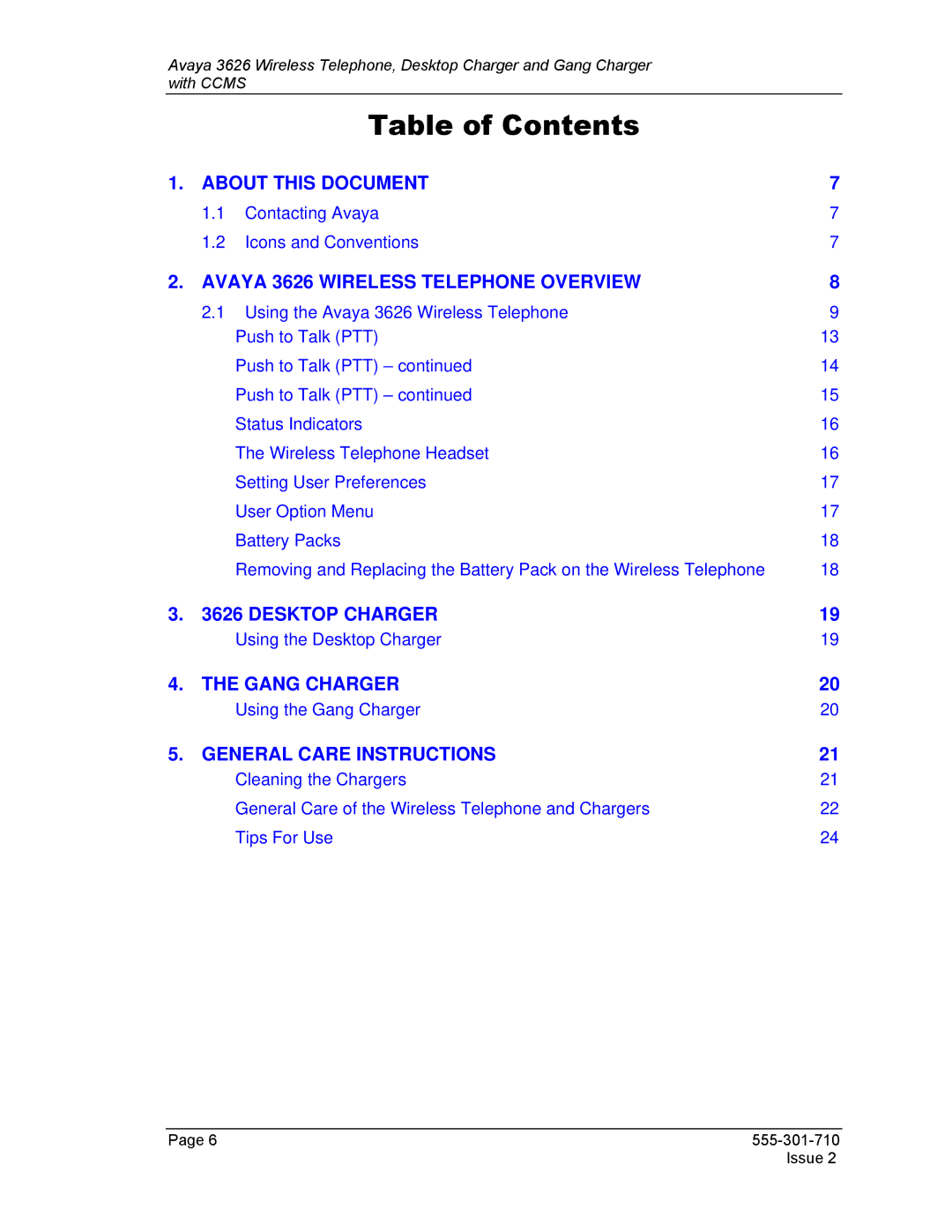 Avaya Desktop Charger, 3626 manual Table of Contents 