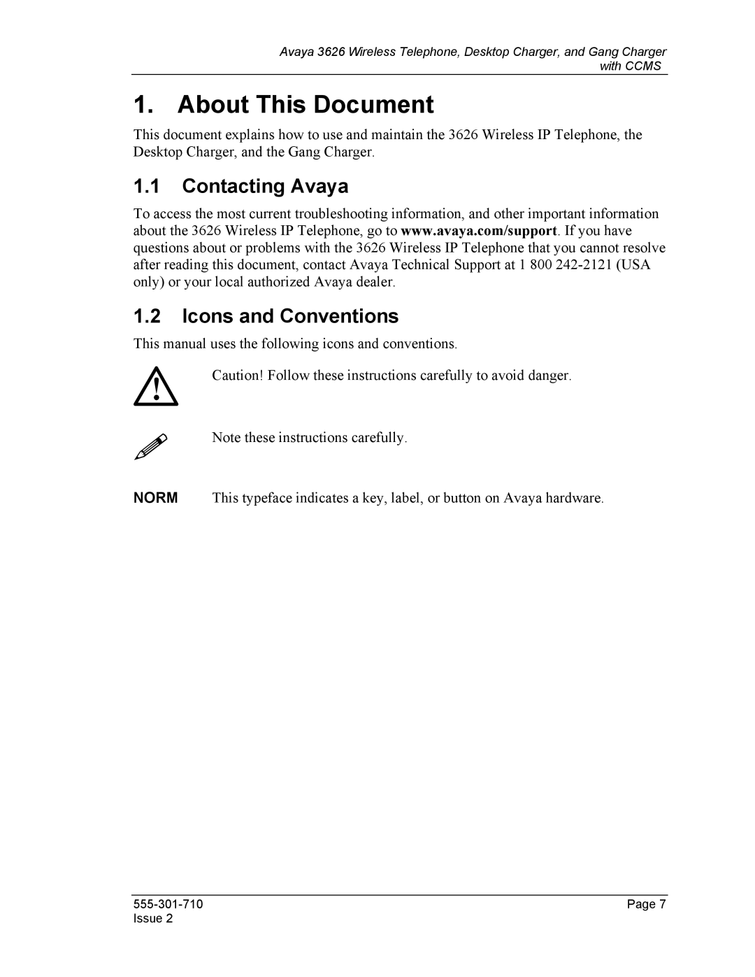 Avaya 3626, Desktop Charger manual About This Document, Contacting Avaya Icons and Conventions 