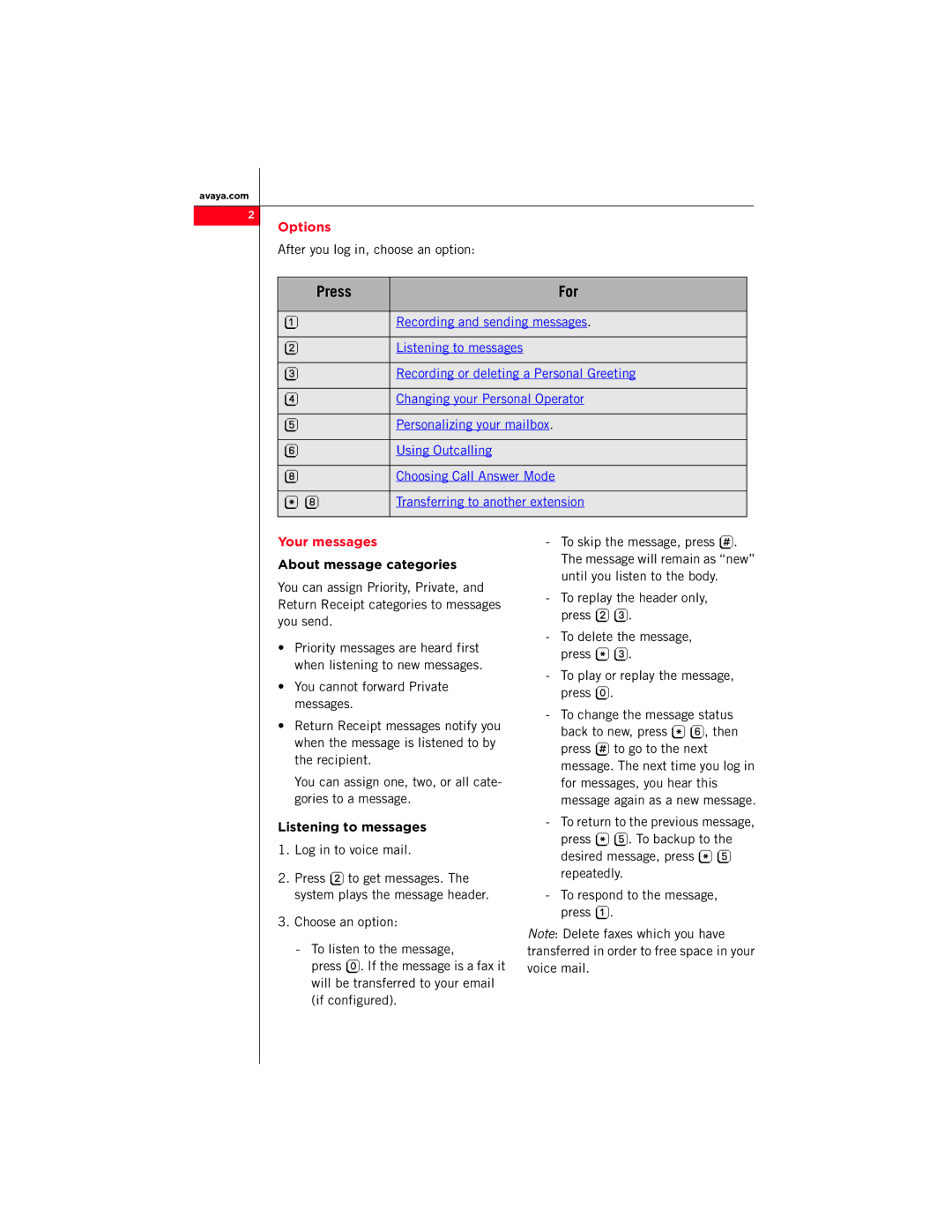 Avaya Distributed Office Voice Mail Press For, Options, Your messages, About message categories, Listening to messages 