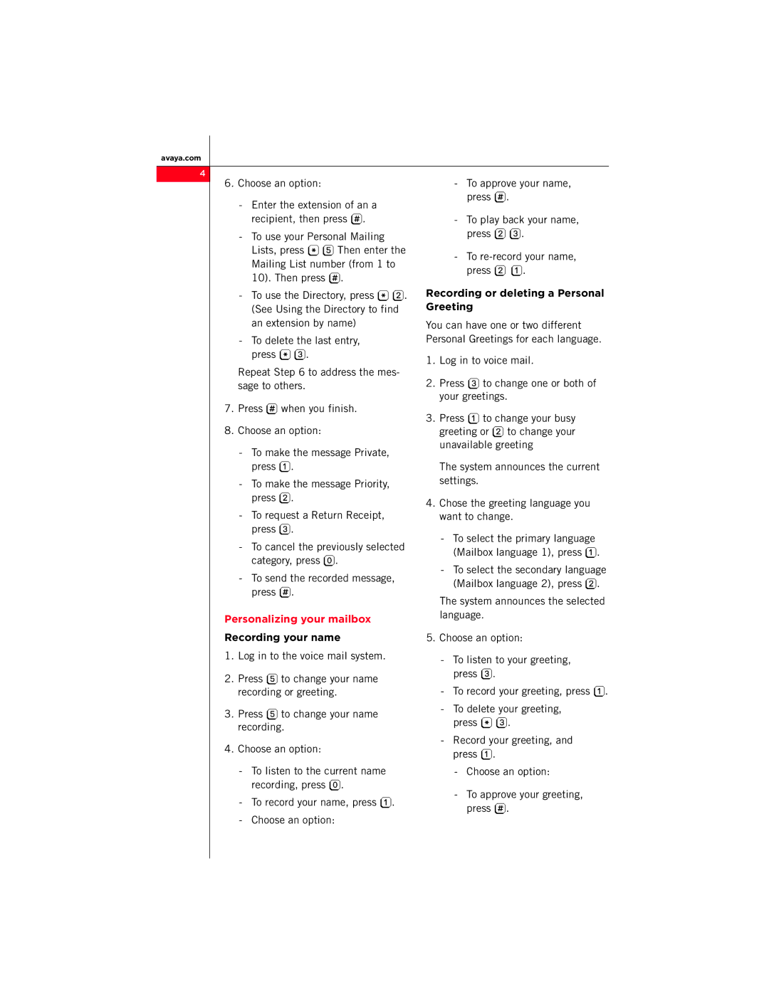 Avaya Distributed Office Voice Mail manual Recording or deleting a Personal, Greeting, Personalizing your mailbox 