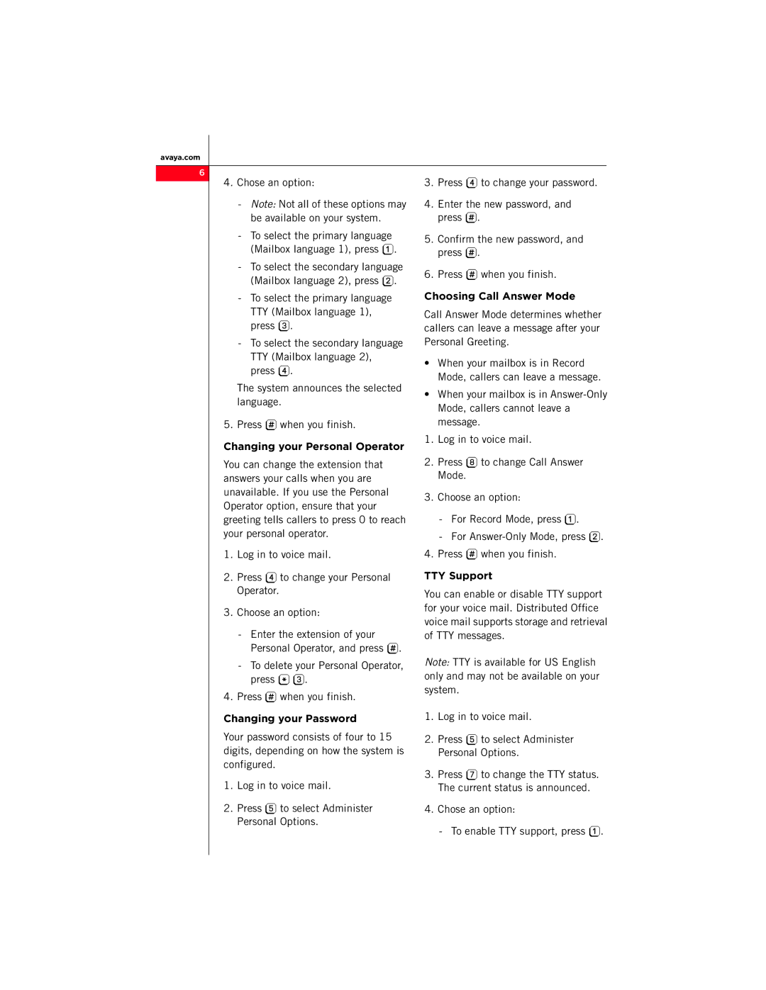 Avaya Distributed Office Voice Mail manual Choosing Call Answer Mode, Changing your Personal Operator, TTY Support 