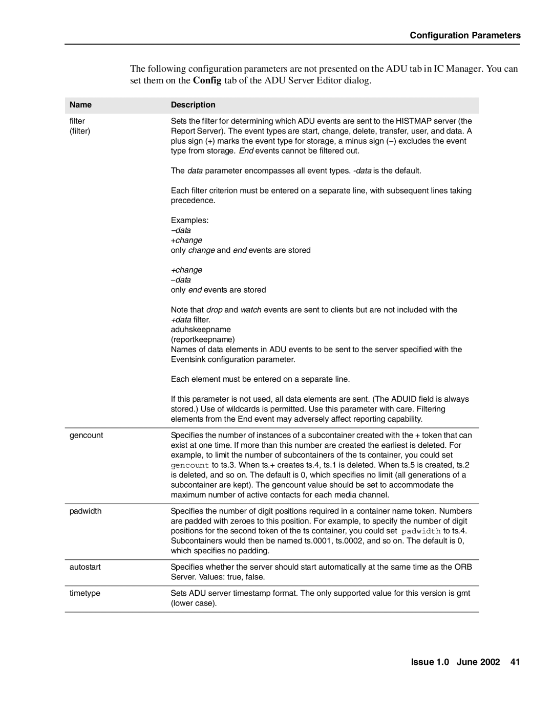 Avaya DXX-1015-01 manual Set them on the Config tab of the ADU Server Editor dialog, Name Description 